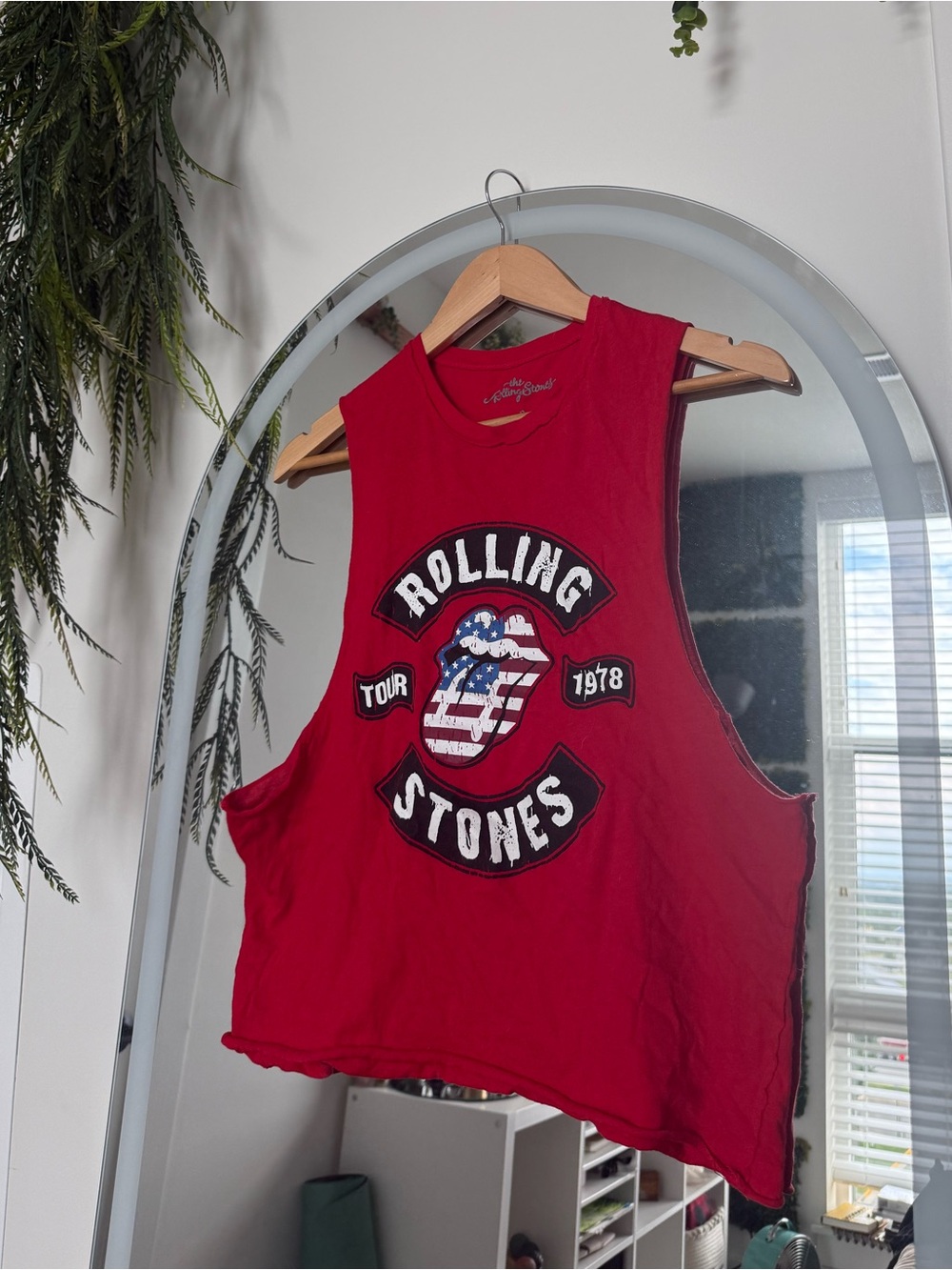 the Rolling Stones Red Cutoff Muscle Tee with Flag Tongue Graphic